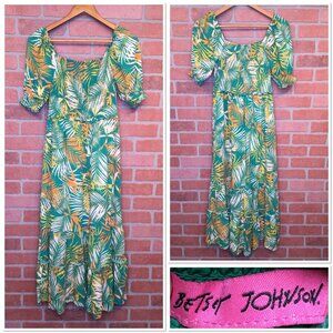 Betsey Johnson Tropical Print Tiered Maxi Dress Size S Green Smocked Square Neck